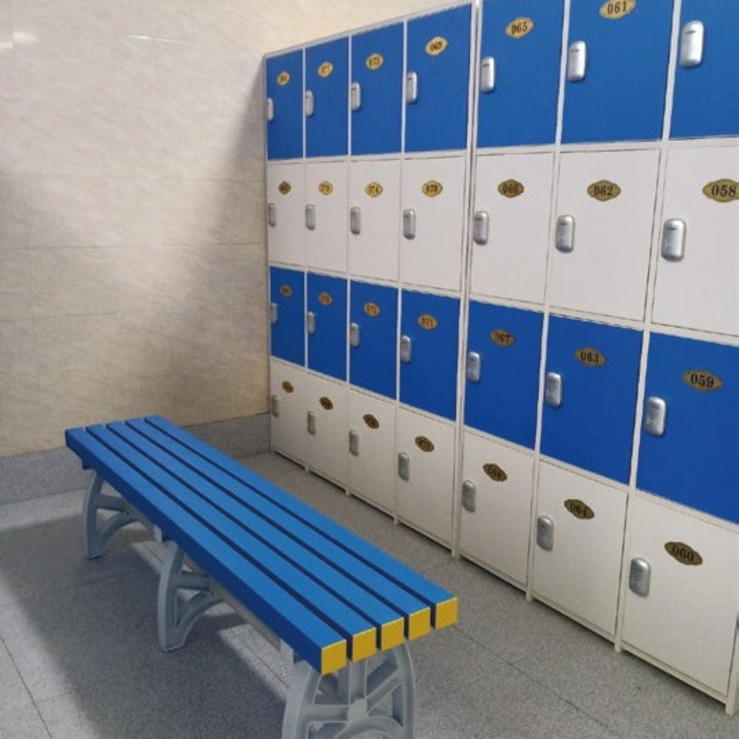 Tali Sport blue and yellow plastic locker room bench in front of blue and white storage lockers-4/7 