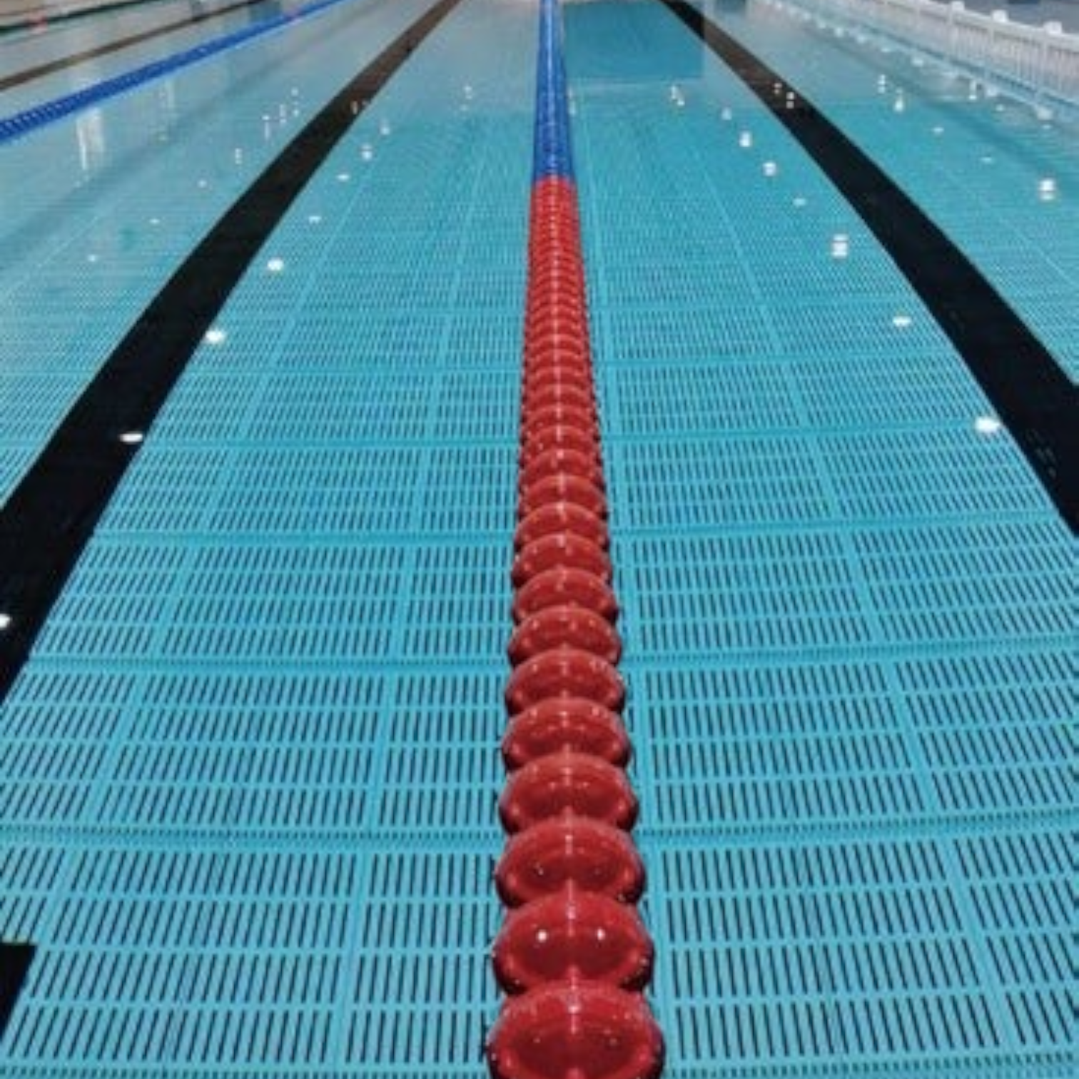 Tali Sport swimming pool lane divider with red and blue polyethylene floats installed in an indoor competition pool-11/12 