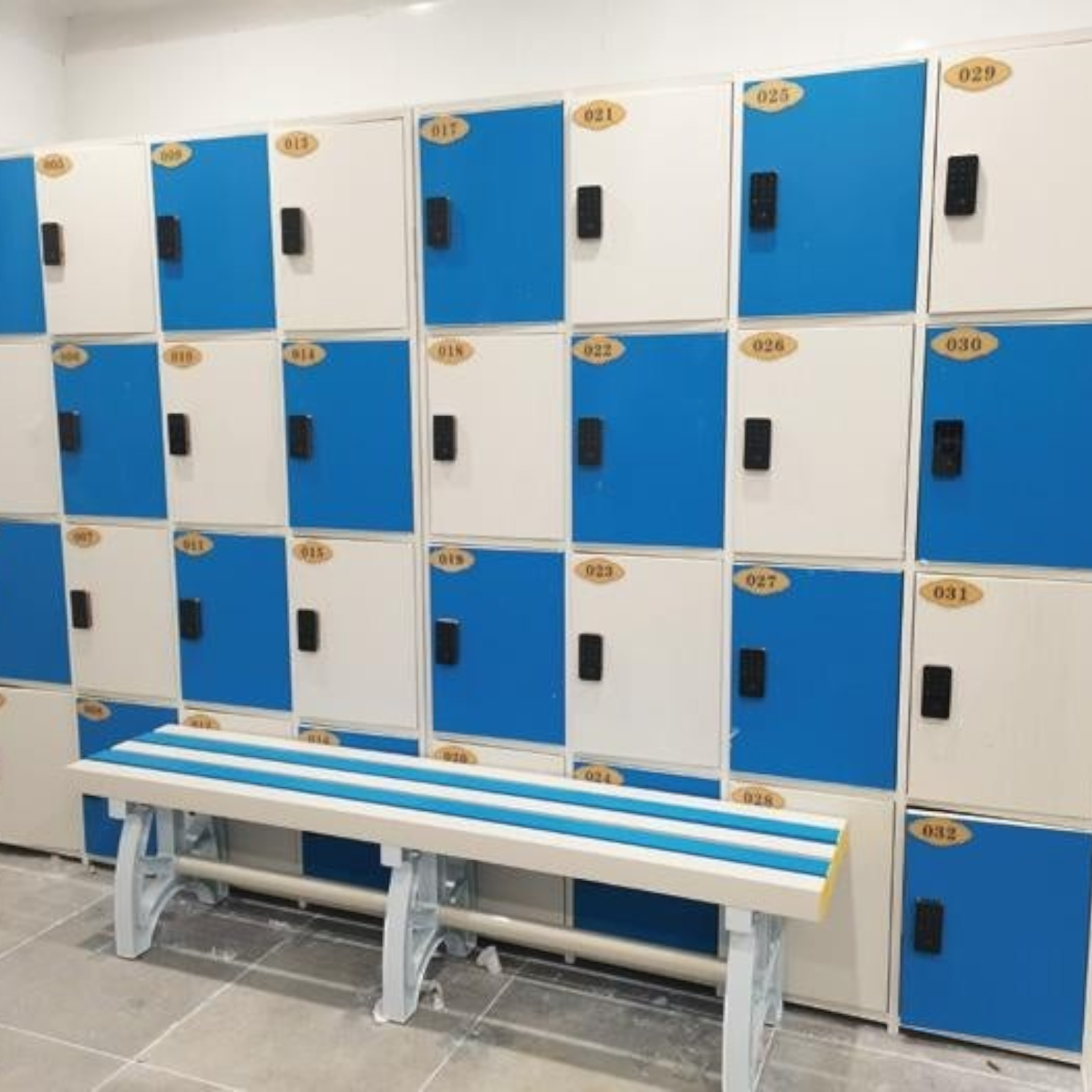 Tali Sport plastic changing room bench in blue and white, designed for wet environments like gyms and pools.-7/7 
