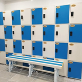 Tali Sport plastic changing room bench in blue and white, designed for wet environments like gyms and pools. 