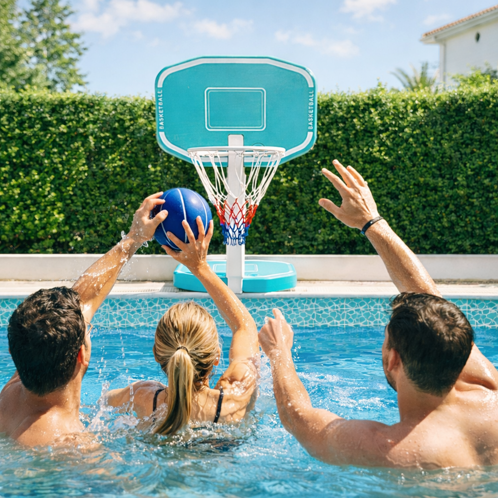 מתקן ספורט 2-ב-1!  סל כדורסל ורשת כדורעף לבריכה-5/6 